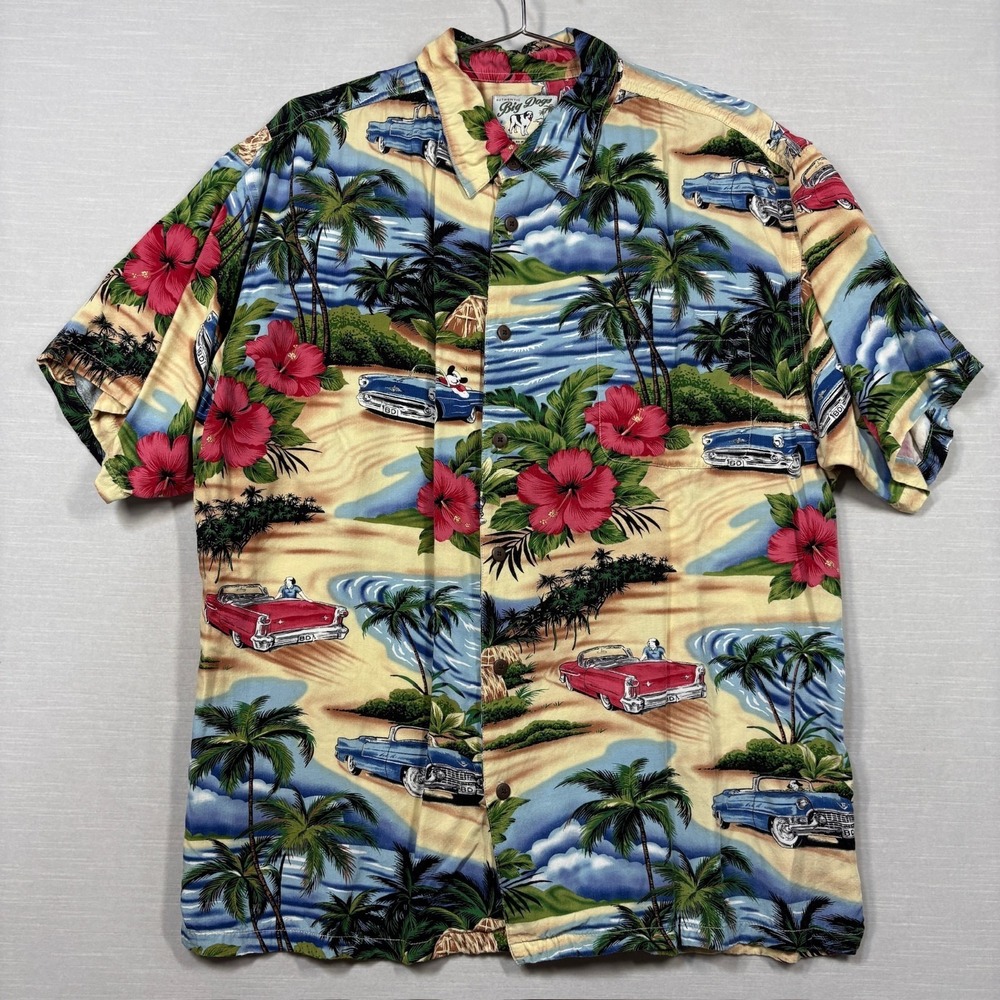 Vintage Big Dogs Hawaiian Shirt Men Large Car Cruise Beach Flowers Classic Rayon
